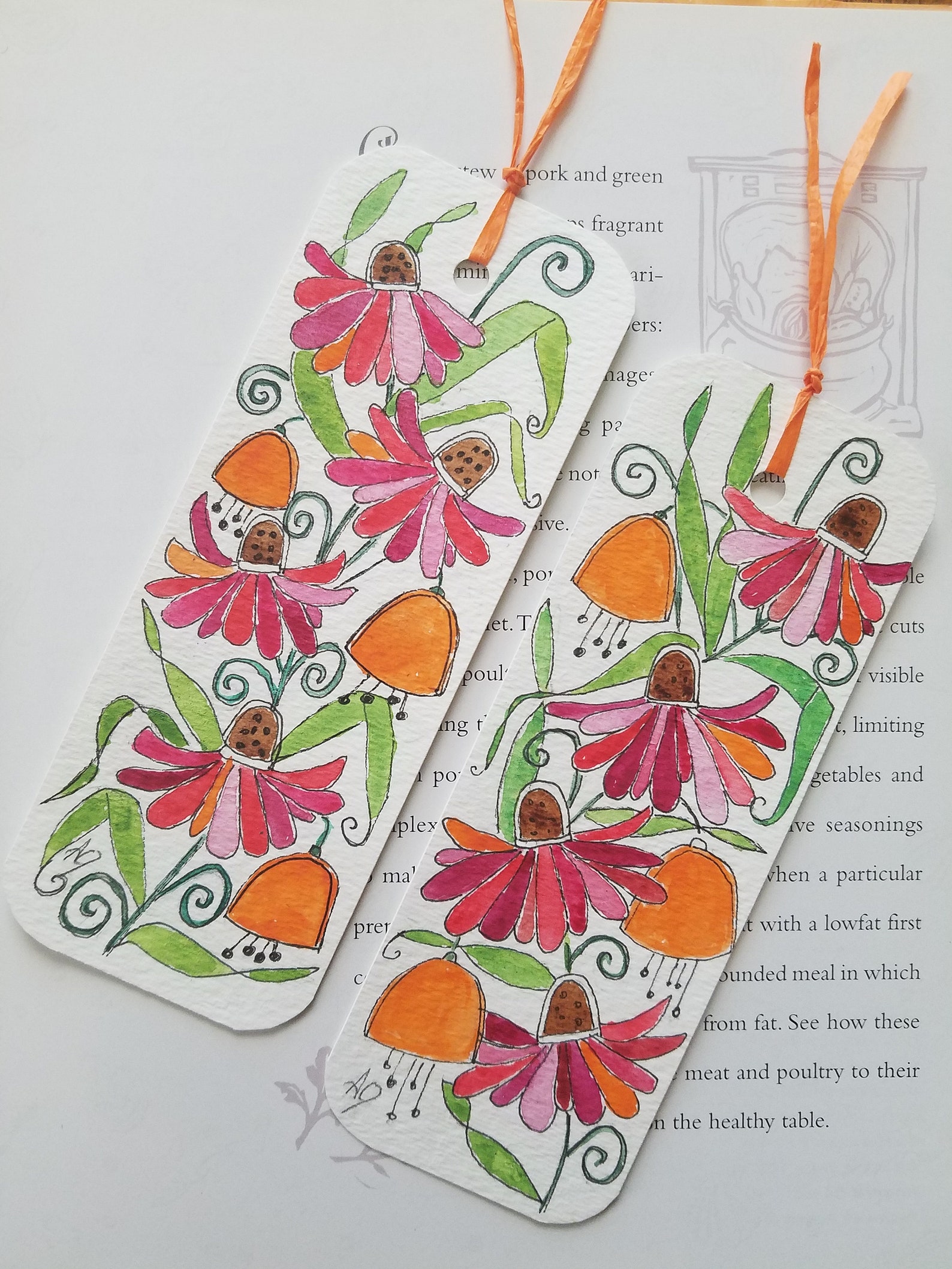 Bookmarks Hand Painted Watercolor/ink Folk Art Set of 2 Etsy