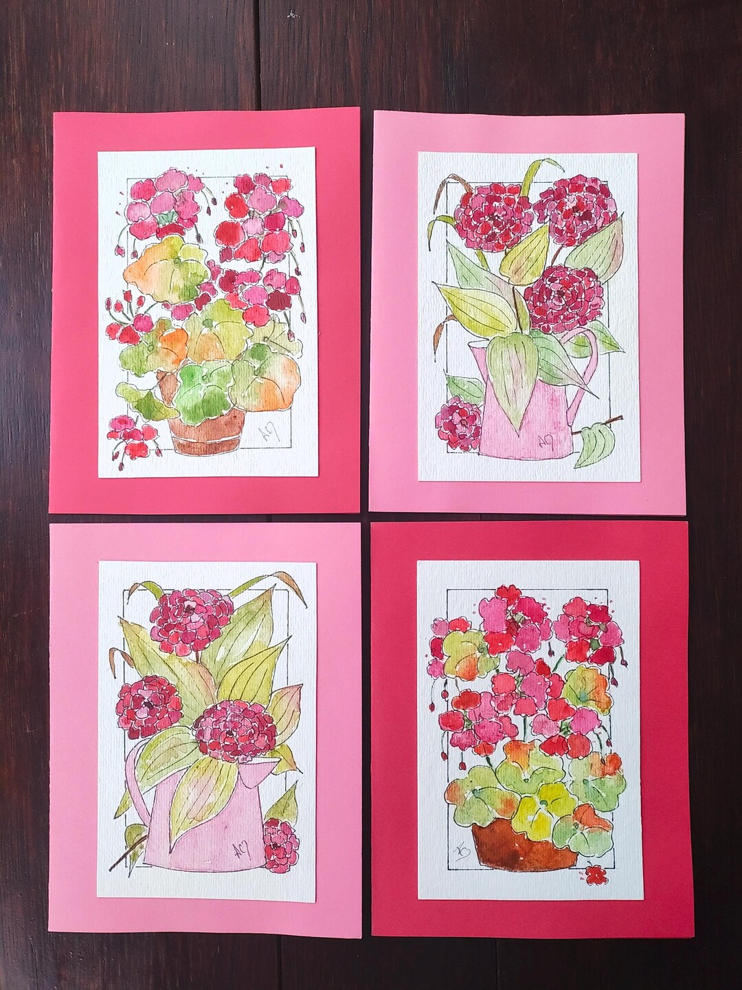 Hand Painted Original Watercolor Greeting Cards Set of 4, Hand Crafted ...