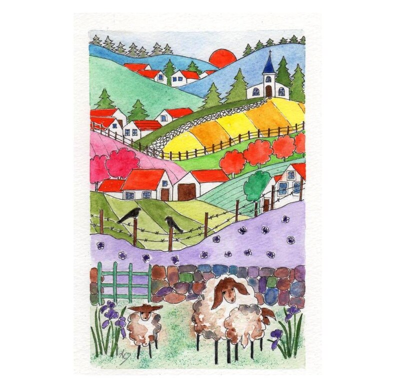 Home D\u00e9cor Hand Painted Folk Art Original Watercolor Landscape Painting Great Art Gift Whimsical Sheep #3 Unique Small Space Wall Art