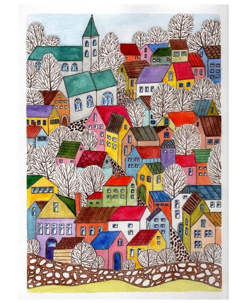 Hand Painted Folk Art Original Watercolor Landscape Painting Etsy