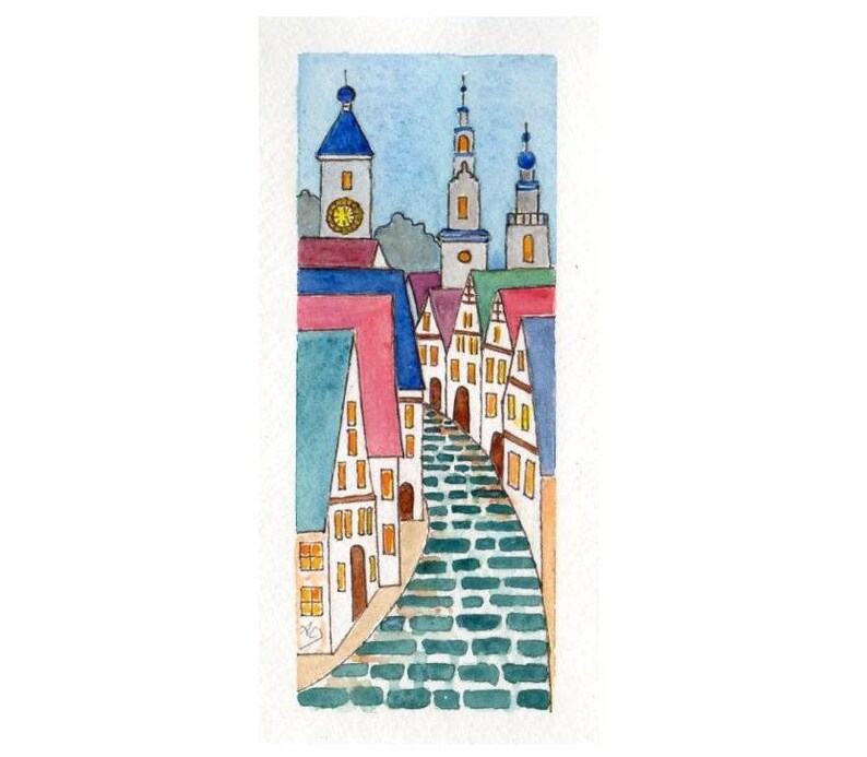 Home D\u00e9cor Whimsical Street #4 Wall Art Original Art Gift Hand Painted Folk Art Original Watercolor Landscape Painting