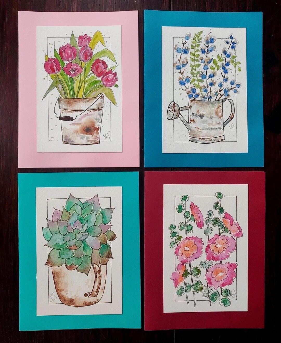 Hand Painted Original Watercolor Greeting Cards Set of 4, Hand Crafted ...