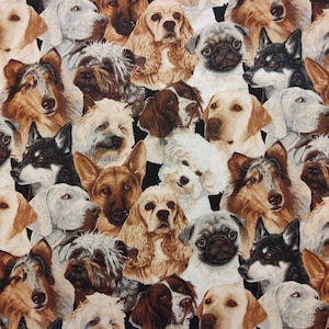 May include: A colorful fabric featuring a repeating pattern of various dog breeds, including a pug, a golden retriever, a cocker spaniel, and a German Shepherd. The fabric is black with a variety of brown, white, and black dog breeds.