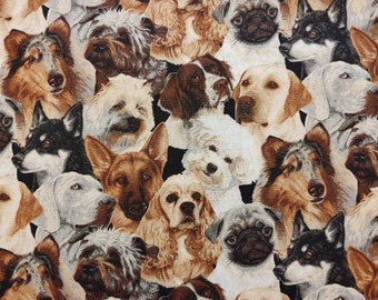 May include: A colourful fabric featuring a repeating pattern of various dog breeds, including a pug, a golden retriever, a cocker spaniel, and a German Shepherd. The fabric is black with a variety of brown, white, and black dog breeds.