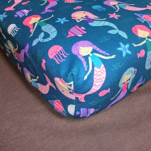 Fitted Crib Sheet &#39;Mermaid Fun&#39; Flannel Pillowcases Pack &#39;n Play Sheet Changing Pad Cover Jellyfish Angelfish Starfish Fabric By-The-Yard