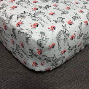 Fitted Crib Sheet Pillowcase Changing Pad Cover Pack&#39;nPlay Flannel Black and White Woodland Animals Deer Squirrel Rabbit Fabric By-The-Yard