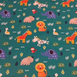 May include: A teal fabric with a repeating pattern of various animals, including a zebra, giraffe, lion, rhino, elephant, and monkey. The animals are all in bright colors and have a cartoonish style.