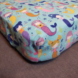 Fitted Crib Sheet &#39;Baby Mermaid&#39; Flannel Pillowcases Pack &#39;n Play Changing Pad Cover Sheet Jellyfish Ocean Coral Shell Fabric By-The-Yard