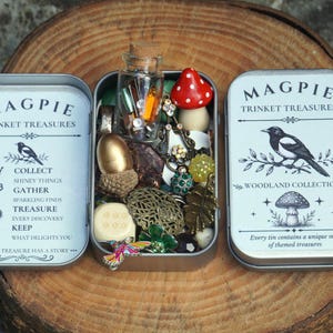 May include: A silver metal tin labelled Magpie Trinket Treasures containing a collection of small items including a glass vial, a red and white mushroom figurine, a gold acorn, a metal leaf, and various colourful beads and charms.