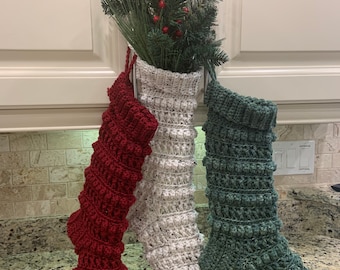 Crocheted Farmhouse Christmas Stocking.