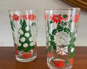 A Pair of Vintage Hazel Atlas Glass Mid Century Christmas and New Year Tumblers