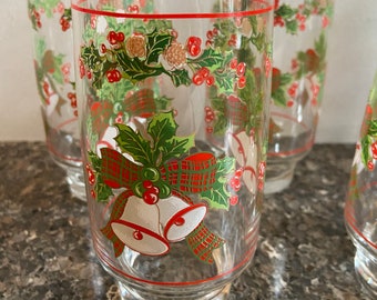 A Set of 7 Vintage Christmas Holiday Glass Tumblers