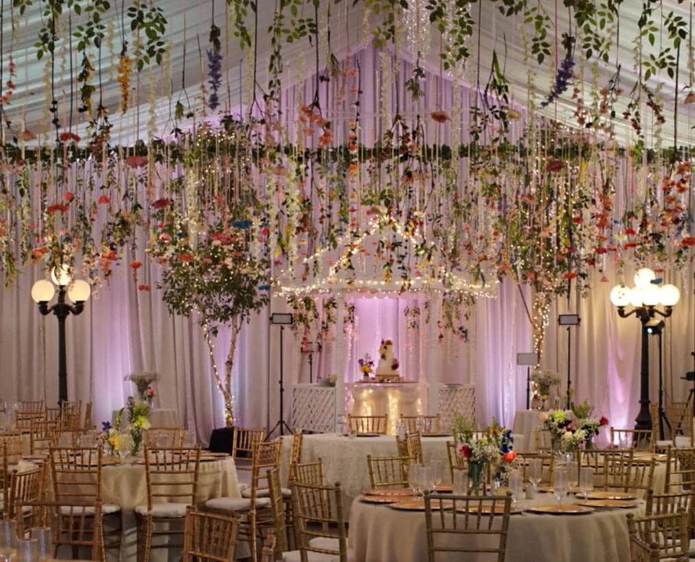 Flowers hanging 2024 from ceiling wedding