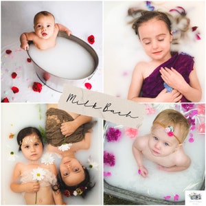 May include: A four-image collage showing children in milk baths. One image features a baby in a metal tub, another a girl with a purple cloth, and two more show children with flowers. The text "Milk Bath" is in the center of the collage.