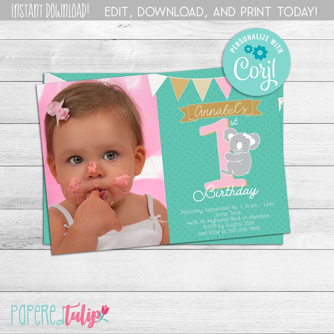 Printable First Birthday Invitation, Baby Girl Party Invitation