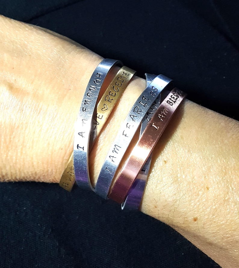 5 Positive Affirmation bracelet Reiki Infused Inspirational Gift Ideas for Her Gift For Her cuff hand stamped team incentives