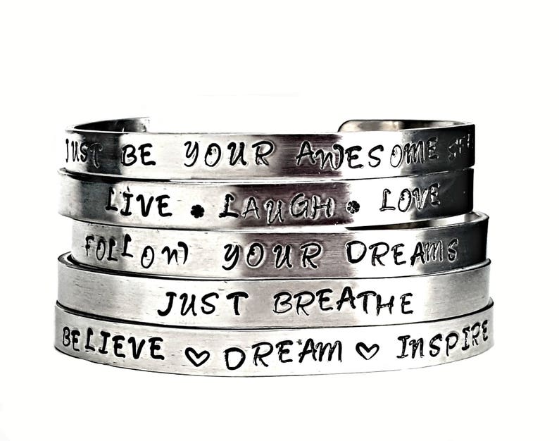 5 Positive Affirmation bracelet Reiki Infused Inspirational Gift Ideas for Her Gift For Her cuff hand stamped team incentives