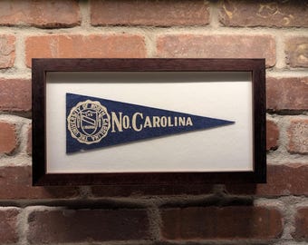 Framed 1950s University of North Carolina Tar Heels Vintage NCAA Mini Pennant- Authentic Collegiate Sports Memorabilia