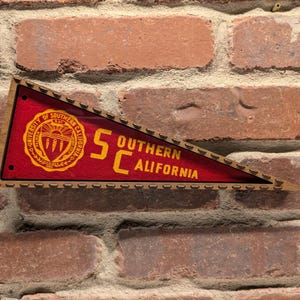 Framed 1950s University of Southern California USC Trojans Vintage NCAA Mini Pennant- Authentic Collegiate Sports Memorabilia