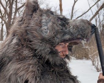 Bear Head headpiece – Fantasy Cosplay headpiece with Faux Fur for LARP, Ren Faire, music fest or Costume Events