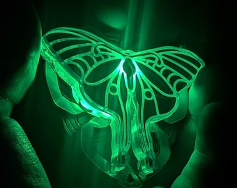 Luna Spirit Moth. LED Trippy laser engraved, hand painted pendent