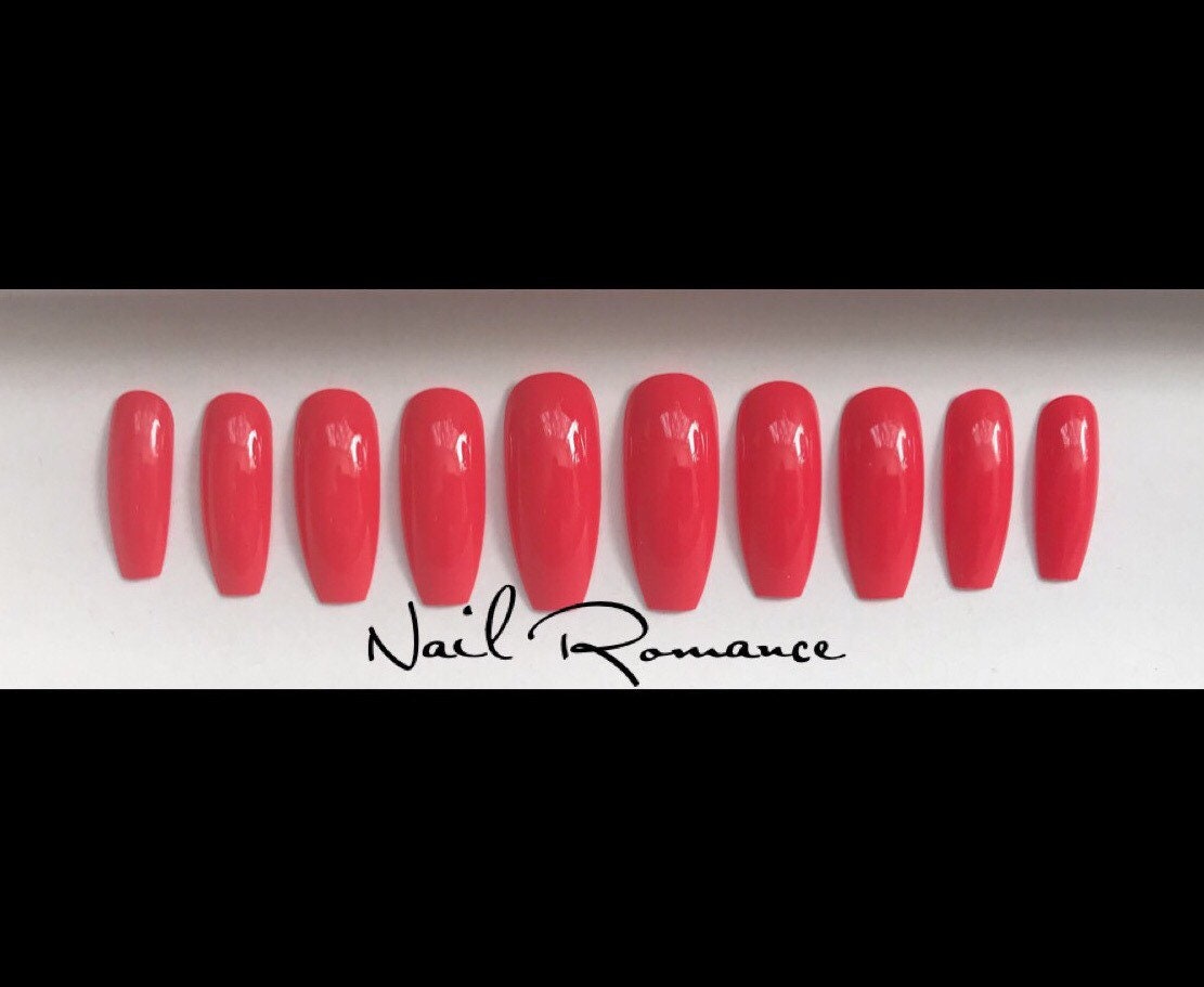 Coral Red Long Coffin Nails Red Orange Nails Press On Etsy Ireland
