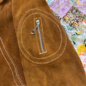 Puede incluir: Primer plano de una chaqueta de ante marr&oacute;n con costuras blancas y una cremallera plateada. La chaqueta presenta un parche circular con un bolsillo con cremallera. El ante tiene un aspecto suave y texturizado. El fondo es un estampado floral colorido.