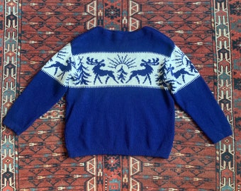 Auténtico jersey vintage de lana merino de los años 40 con escena invernal de ciervos