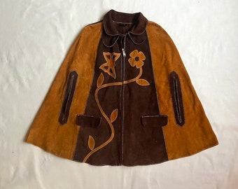 Rare 1960s Two Toned Suede Front Zip Cape//Vintage Appliqué Poncho