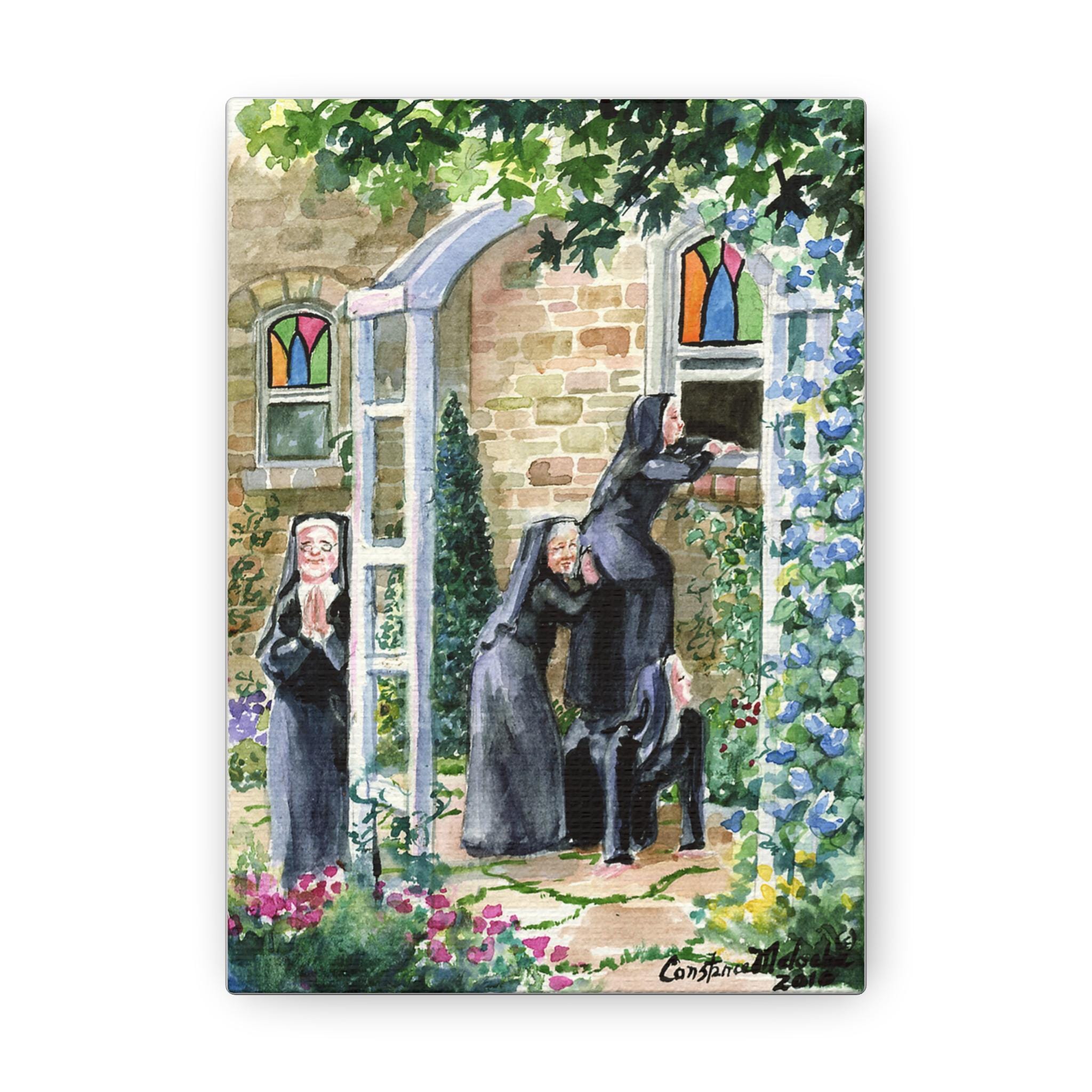 Canvas Art, Whimsical Nuns in Garden Wall Decor, When A Door Closes, Spiritual Gift, Religious Home Decor, Funny Art Print, Quirky Poster