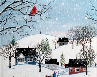 FOLK ART-WINTER- Original painting-Hand-painted acrylic painting on canvas-Cottages on hill-Cottage scene-Cardinal in winter.