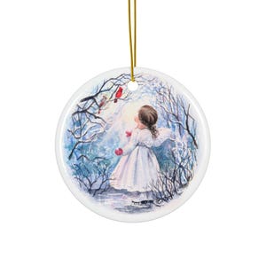 Ceramic Ornament - Angel with Red Cardinal in Winter Wonderland