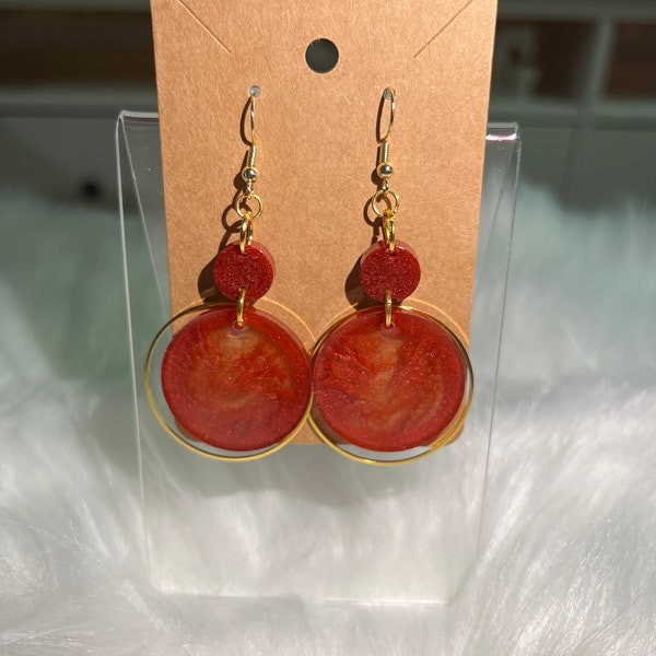 Burgundy and Clear Circle Shimmering Dangling Earrings