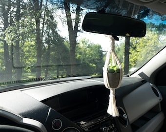 Macrame Car Plant Hanger – Rearview Mirror Charm with Faux Succulent
