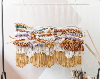 Handmade Woven Wall Art – Boho Tapestry with Wool Roving