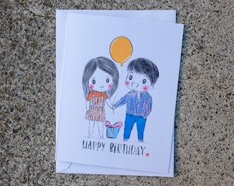 Happy Birthday Card, BirthdayCard for Him, Birthday Card for Her, Husband Wife Card, Anniversary, Boyfriend Girlfriend Card, Cute drawing