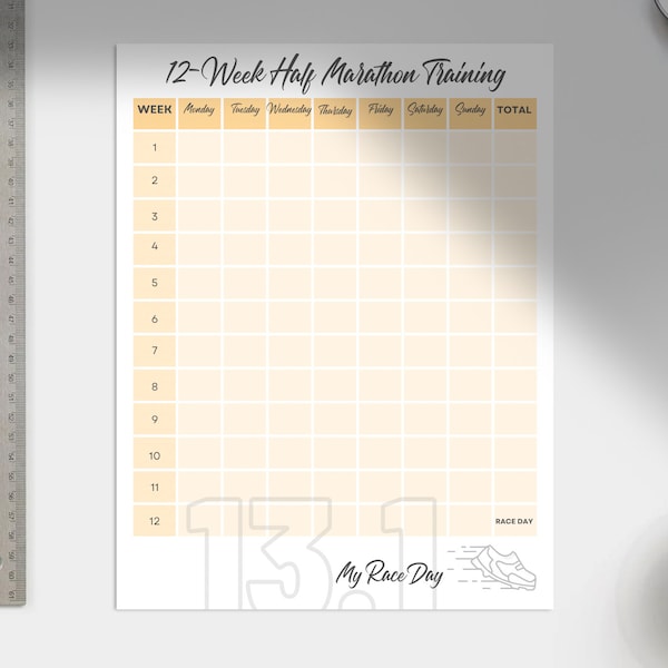 Half Marathon Training Plan Sheet 12-Week, 14-Week, 16-Week, Printable, 13.1 Miles, 21K, Run, Half Marathon Runner, Running, Mileage Tracker