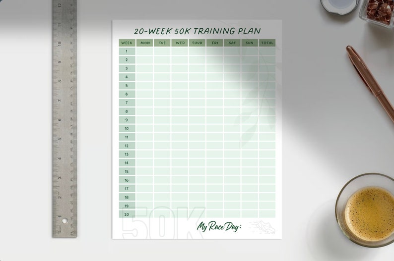 50K Ultra Marathon Training Plan Sheets 16week, 18week, 20week, 24week Printable