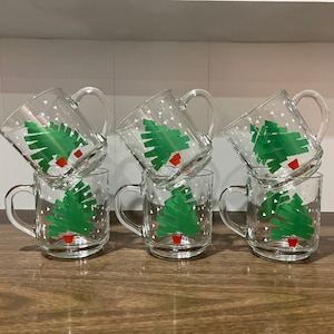Set of Six Clear Coffee Mugs with Abstract Christmas Tree Artwork Designed by Dayton Hudson 1988 Luminarc Glass | Vintage Luminarc Glass 80s