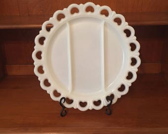 Vintage Milk Glass Divided Plate - 13" Divided Plate/Platter with Old Colony Lace Edge Anchor Hocking