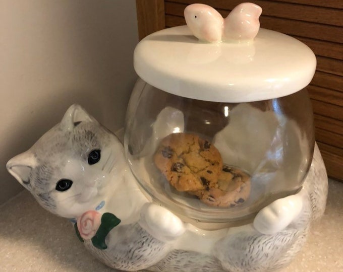 Grey Cat With Fish Bowl Cookie Jar Treasure Craft by Pfaltzgraff