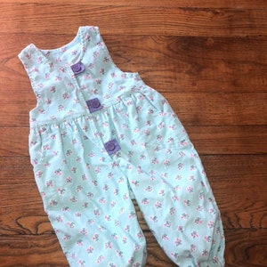 Vintage Mint Green Corduroy Overall Jumper with Pink and Purple Flowers and Purple Tab Buttons | Size 12 Months Color Kids Retro Overalls