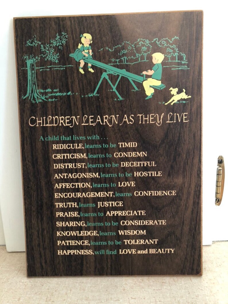 Child SayingPoem About Parenting Vintage Children Learn as They Live Wooden Hanging Sign with Artwork and Beautiful Reminder of Childhood
