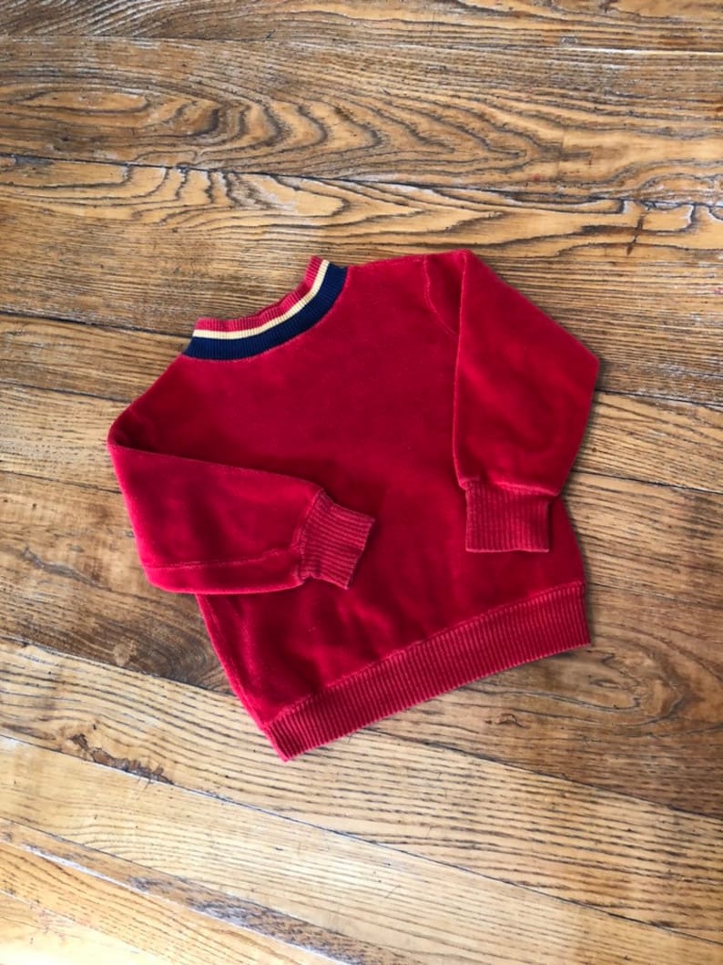 Retro HealthTex Kids Long Sleeve Shirt Size 4 |Terrycloth 1970s Healthtex Stantogs Red Terry Velour Vintage Sweatshirt Red Yellow Blue