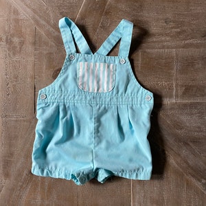Vintage Size 12 Month Blue Shortall Overall Baby Romper with Blue and White Striped  Front Pocket