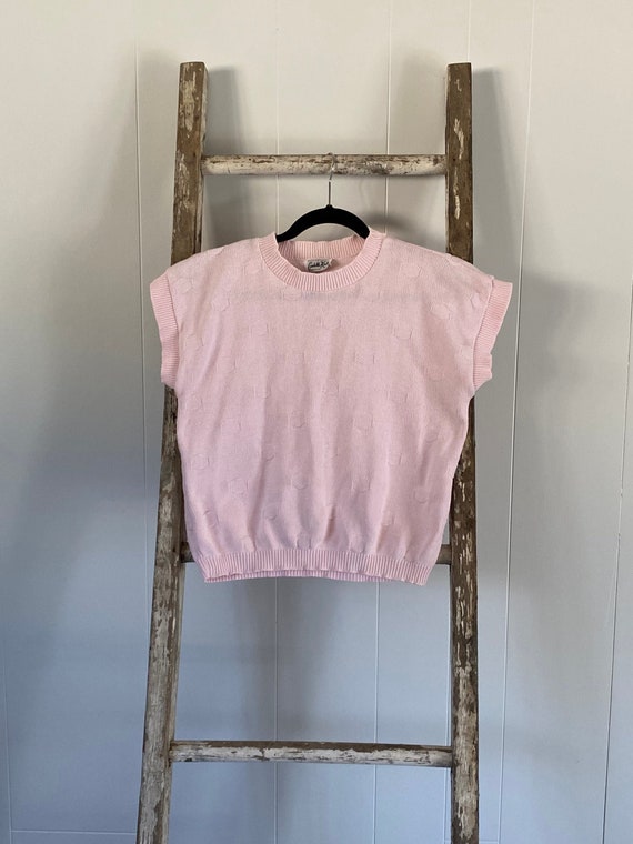 Light Pink Polka Dot Knit Short Sleeve Vintage Sw… - image 1