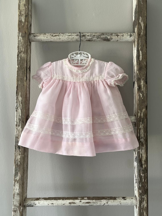 Vintage Sheer Pink Striped Lace Trimmed Baby Girl 