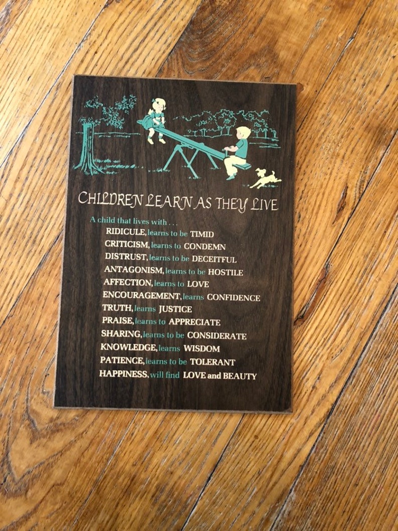 Child SayingPoem About Parenting Vintage Children Learn as They Live Wooden Hanging Sign with Artwork and Beautiful Reminder of Childhood