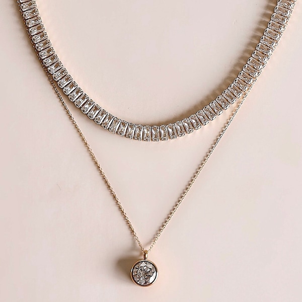 Katie’s Crystal Layering Necklace Set//18 Karat Gold Filled//Genuine Swarovski Crystal Gemstones//Adjustable/Modern Boho/Tennis Necklace