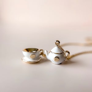 Your My Cup of Tea Necklace//18k Gold Filled//Mini Teapot//Mini Teacup//Teatime//Vintage Inspired// Boho//Mandy Ellen//Minimalist White Teapot
